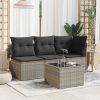 Garden Table Gray PE Rattan, Tempered Glass, Powder-Coated Steel