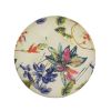 Yolanda 24" Round Upholstered Accent Ottoman, Beige & Tropical Floral with Ivory Trim