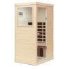 Hemlock Mini one person far infrared door on the left of the indoor sauna room
