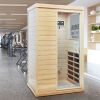 Hemlock Mini one person far infrared door on the Right of the indoor sauna room