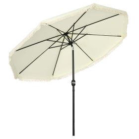 Outsunny 9ft Patio Umbrella with Push Button Tilt and Crank, Ruffled Outdoor Market Table Umbrella with Tassles and 8 Ribs, for Garden, Deck, Pool, Cr (Color: as Pic)