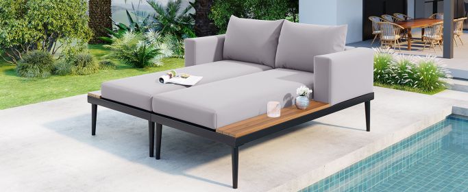 TOPMAX Modern Outdoor Daybed Patio Metal Daybed with Wood Topped Side Spaces for Drinks, 2 in 1 Padded Chaise Lounges for Poolside, Balcony, Deck, Gra (Color: as Pic)