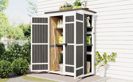 [Video Provided] TOPMAX Outdoor 5.5ft Hx4.1ft L Wood Storage Shed, Garden Tool Cabinet with Waterproof Asphalt Roof, Four Lockable Doors, Multiple-tie (Color: as Pic)