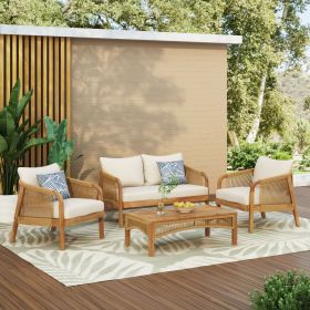 4-Pieces Acacia Wood Patio Furniture Set, Outdoor Furniture with Coffee Table, Patio Conversation Set Deep Seating with Soft Cushion, Porch Chairs for (Color: as Pic)
