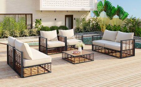 TOPMAX Modern Minimalist 7-Piece Metal Patio Sectional Sofa Set, All-Weather Garden Conversational Furniture Set with Thick Cushions and Coffee Table (Color: as Pic)