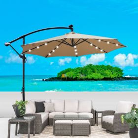 Tan 10 ft Outdoor Patio Umbrella Solar Powered LED Lighted Sun Shade Market Waterproof 8 Ribs Umbrella with Crank and Cross Base for Garden Deck Backy (SKU: W65627949)