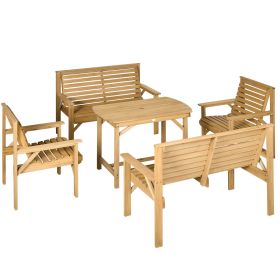 5 Piece Wooden Patio Dining Set for 6, Outdoor Conversation Set with 2 Armchairs, 2 Loveseats, and Dining Table with Umbrella Hole for Backyard, Garde (Color: as Pic)