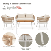 K&K 4-Piece Boho Rope Patio Furniture Set, Outdoor Furniture with Acacia Wood Table, Patio Conversation Set with Deep Seating & Thick Cushion for Back