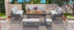 K&K 6-Piece Rope Patio Furniture L-Shaped Set, Outdoor Sectional Sofa Set with Acacia Wood Table with Ice Box, Rope Benches, Rope Conversation Set wit
