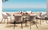 GO 7 Pieces Patio Dining Set, All-Weather Outdoor Furniture Set with Dining Table and Chairs, Acacia Wood Tabletop, Metal Frame, for for Garden, Backy
