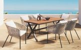 GO 7 Pieces Patio Dining Set, All-Weather Outdoor Furniture Set with Dining Table and Chairs, Acacia Wood Tabletop, Metal Frame, for for Garden, Backy
