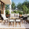 K&K 6-Piece Rope Patio Furniture Set, Outdoor Furniture with Acacia Wood Cool Bar Table with Ice Bucket , Deep Seat Patio Conversation Set with Two St